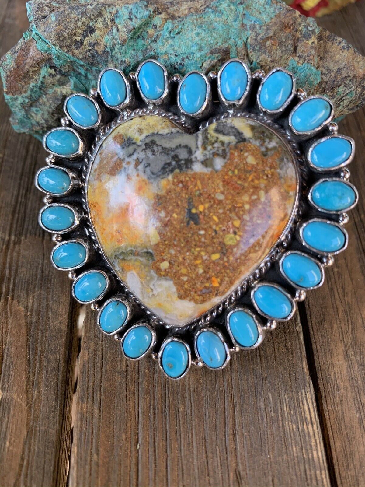 Navajo Sleeping Beauty Turquoise & Bumble Bee Cluster Heart Ring Size 6.25