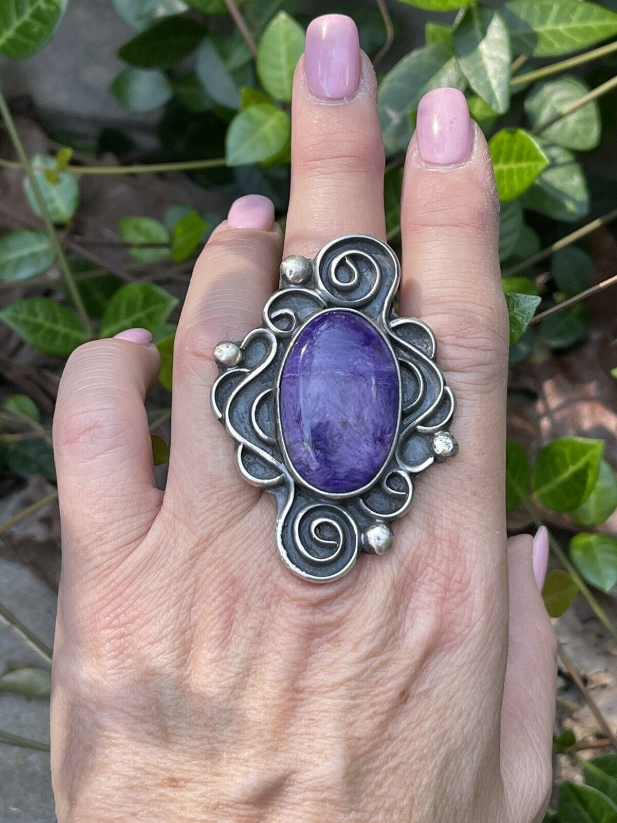 Navajo Purple Charoite & Sterling Silver Swirl Statement Ring Size 7