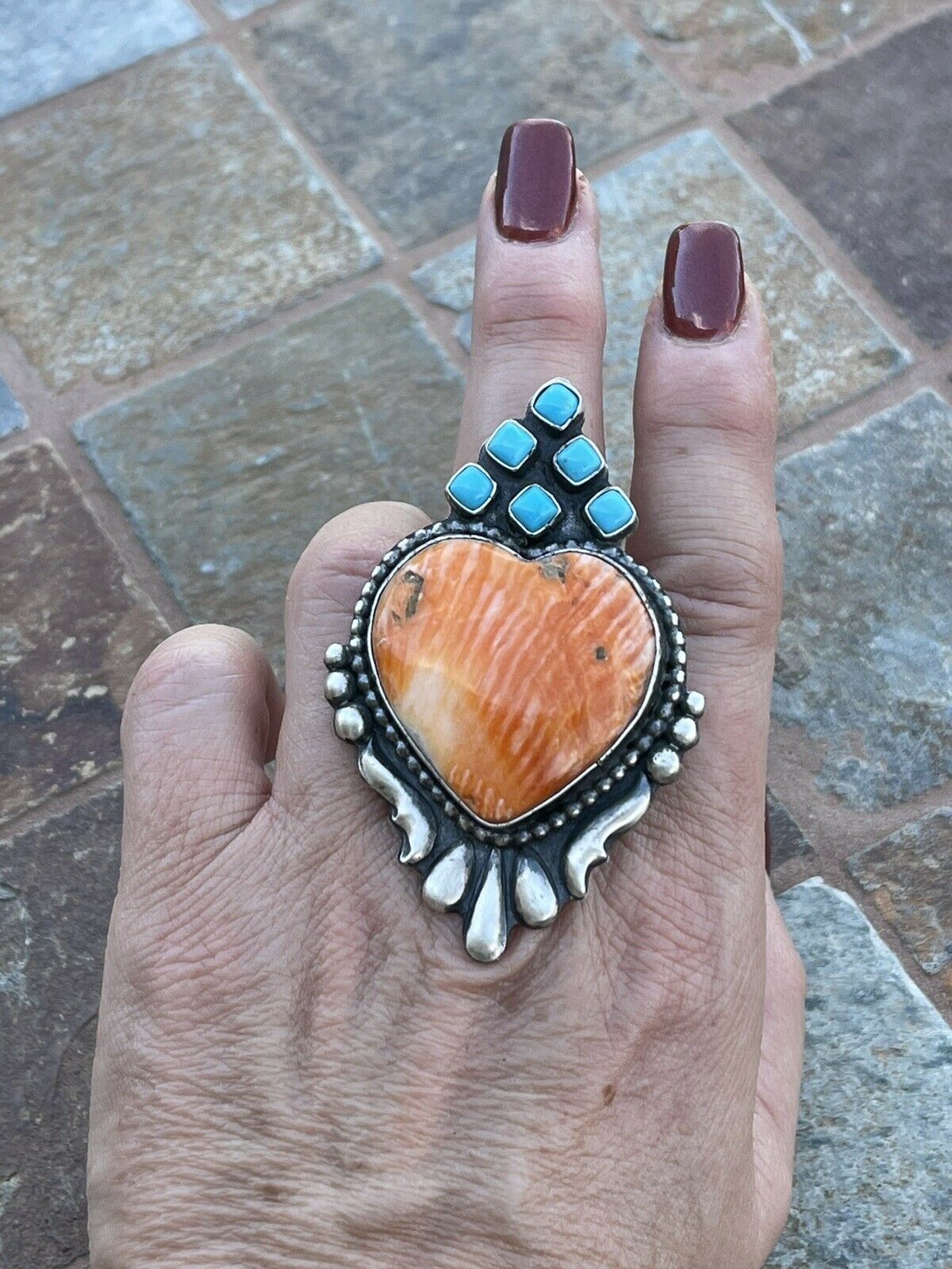 SWEET Navajo Sterling Silver Orange Spiny Heart & Turquoise Ring Sz 8