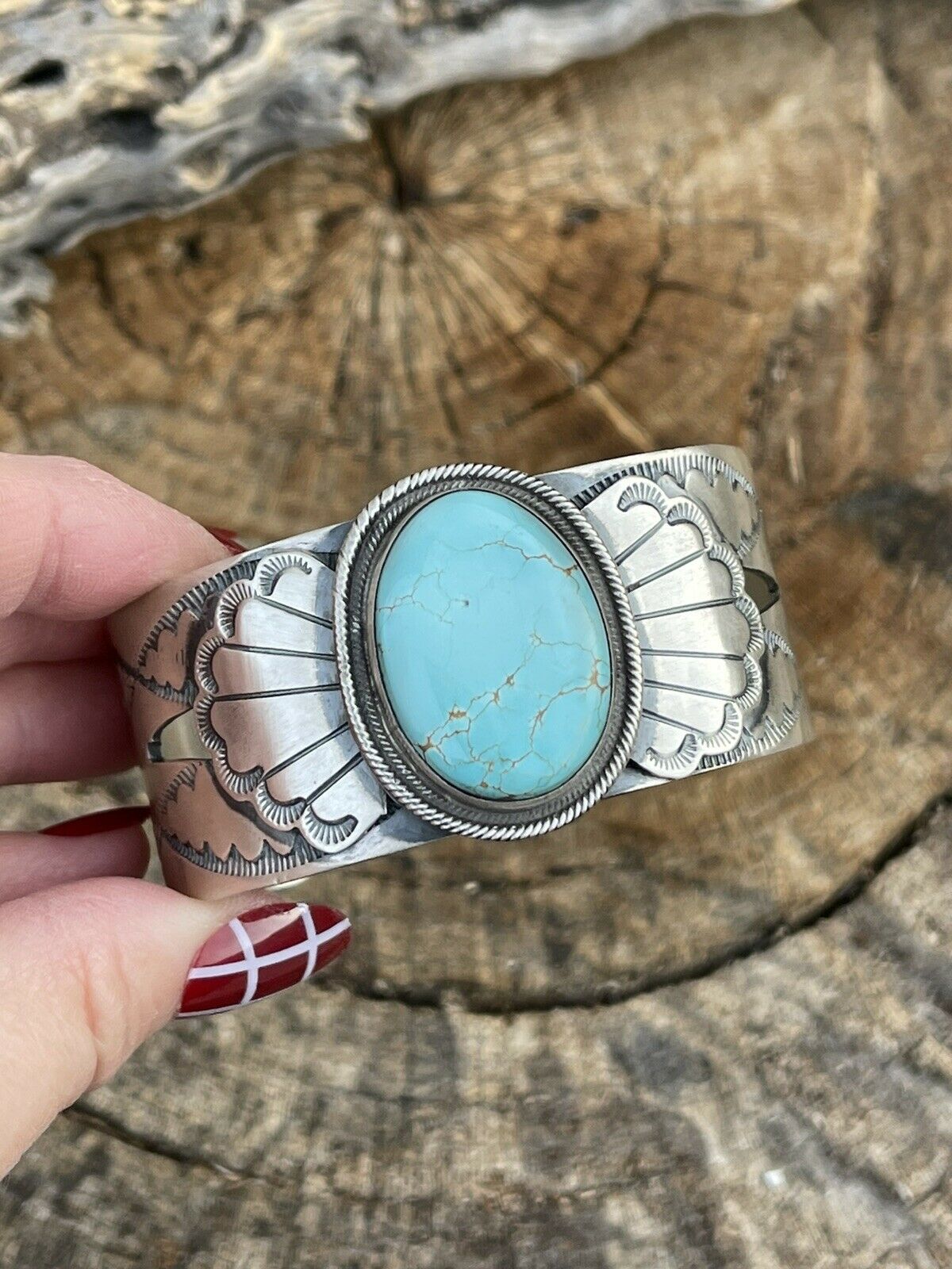 Incredible Navajo Dry Creek Turquoise And Sterling Star Silver Cuff Signed