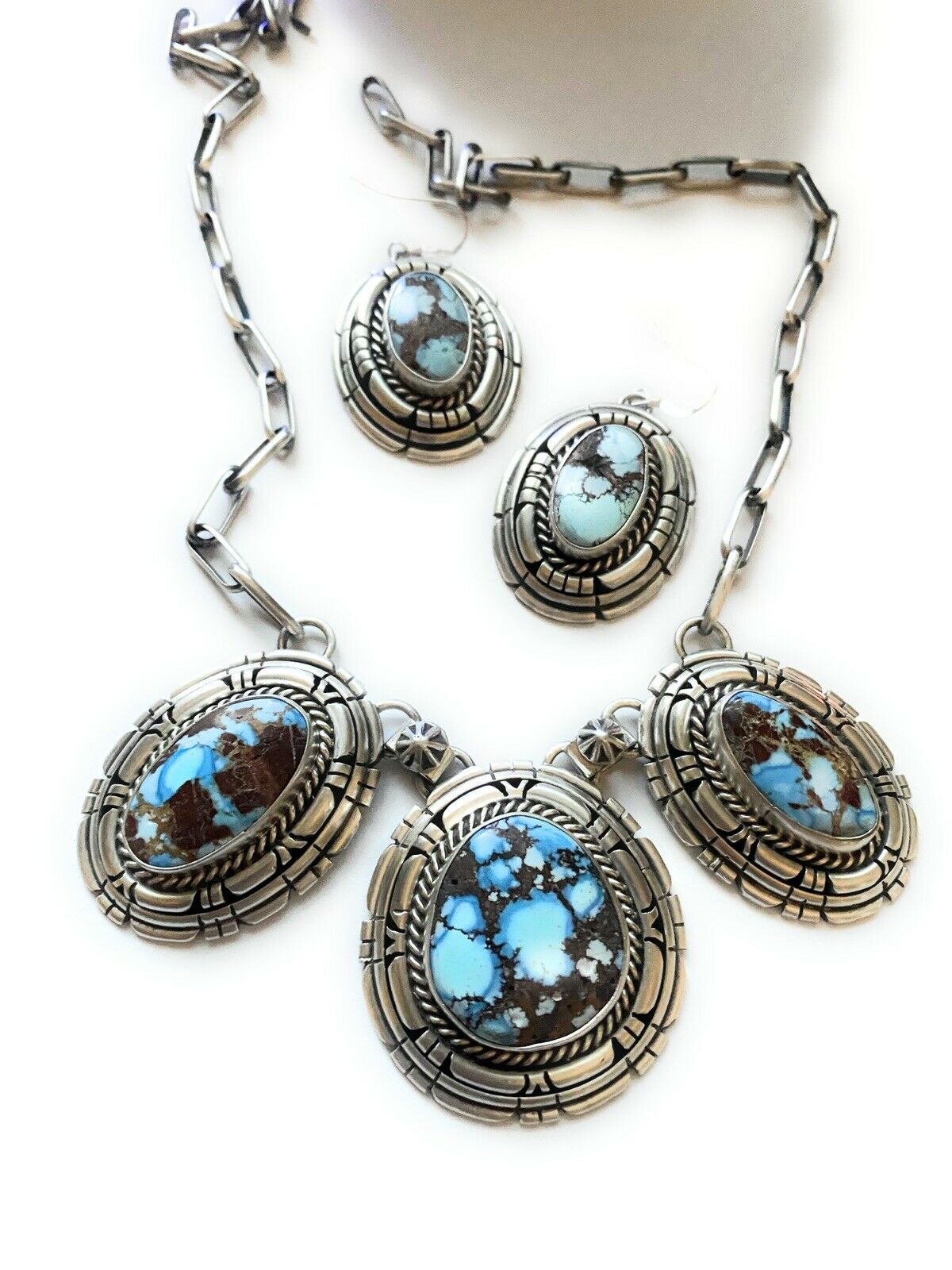 Navajo Golden Hills Turquoise & Sterling Silver Necklace Set by Larry Kaye