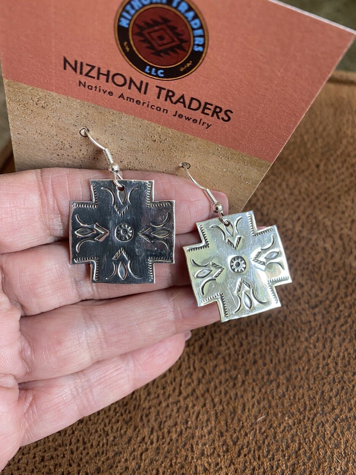 Navajo Sterling Silver Hand Stamped Cross Dangle Earrings Signed