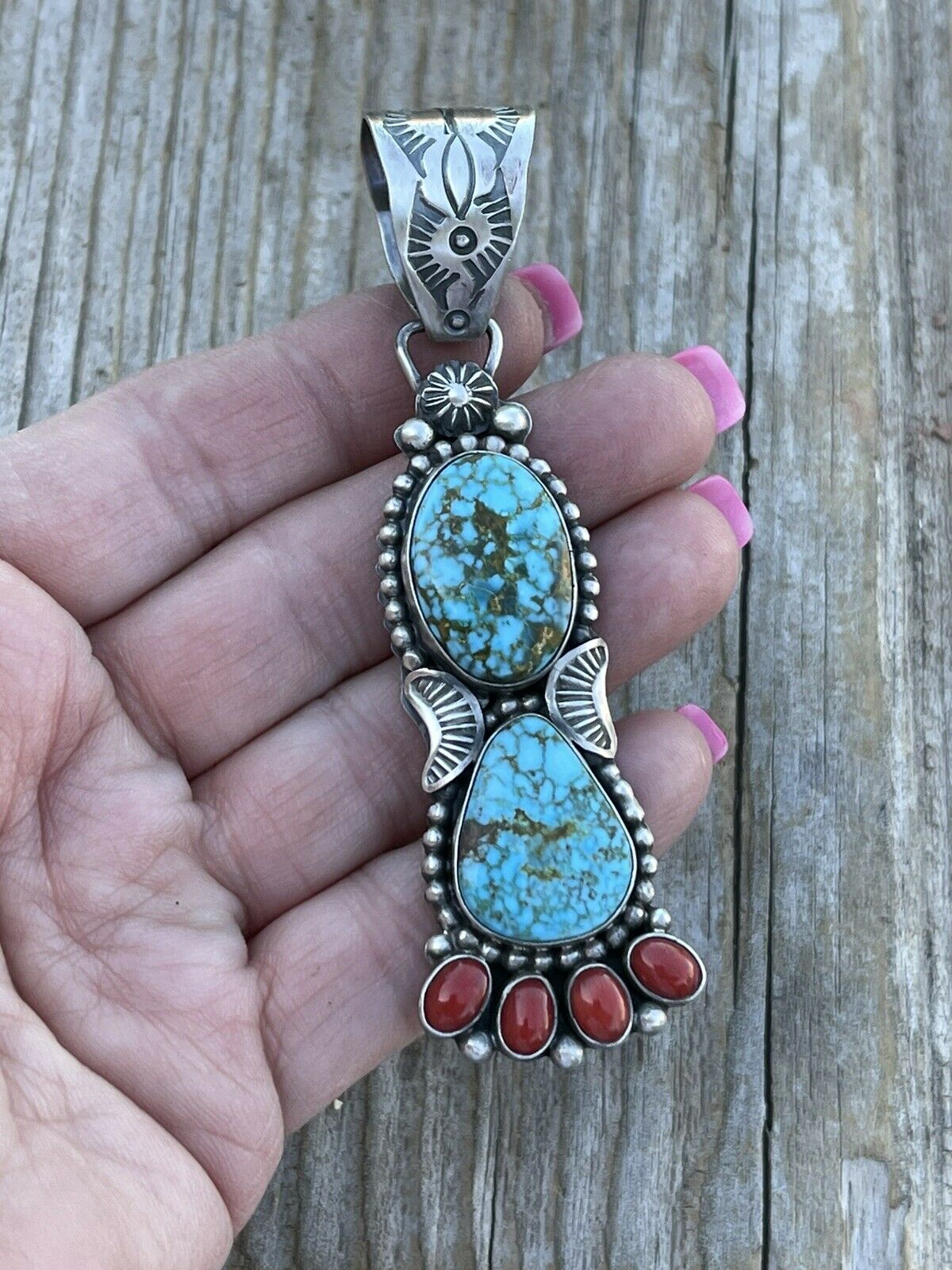 Navajo Sterling Kingman Web Turquoise & Red Coral Taos Pendant Danny Clark