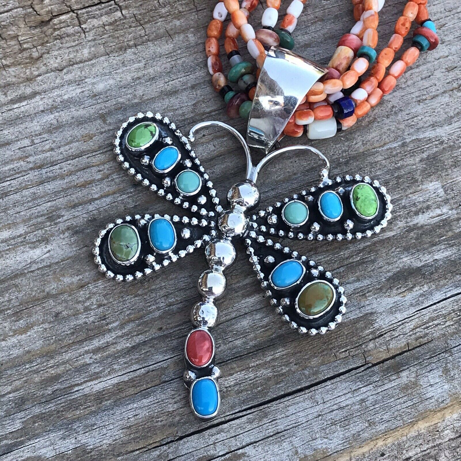 Beautiful Navajo Sterling Silver Multi Stone Dragonfly Pendant Paul Livingston