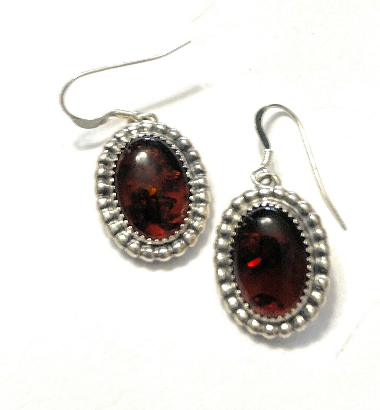 Navajo Sterling Silver and Bead Dot Style Amber Dangle Earrings