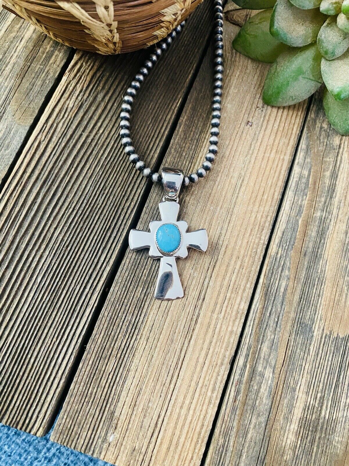 Navajo Sterling Silver & Turquoise Cross Pendant Signed