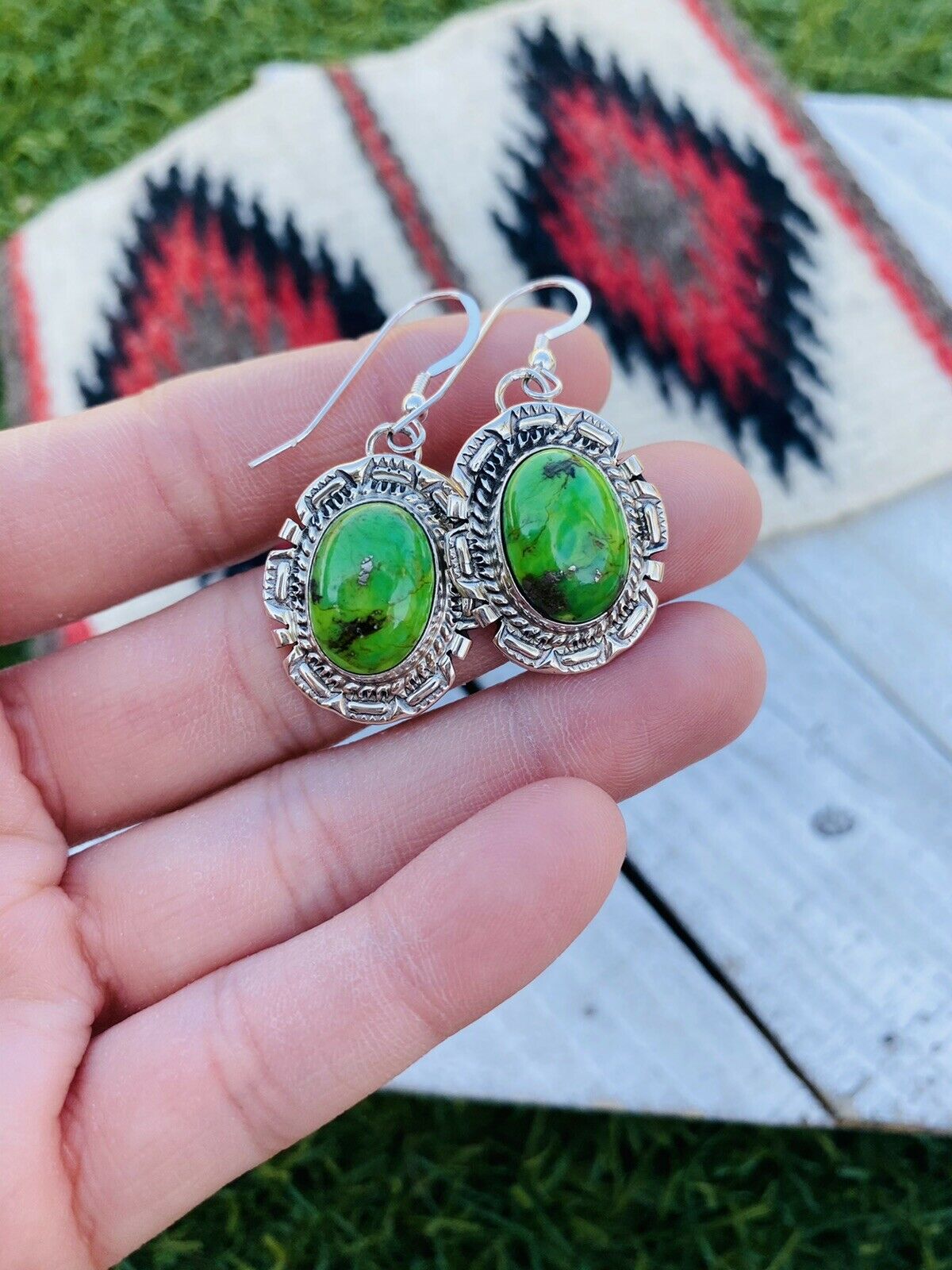 Navajo Sterling Silver Natural Green Gaspeite Necklace Earrings 2024 Set