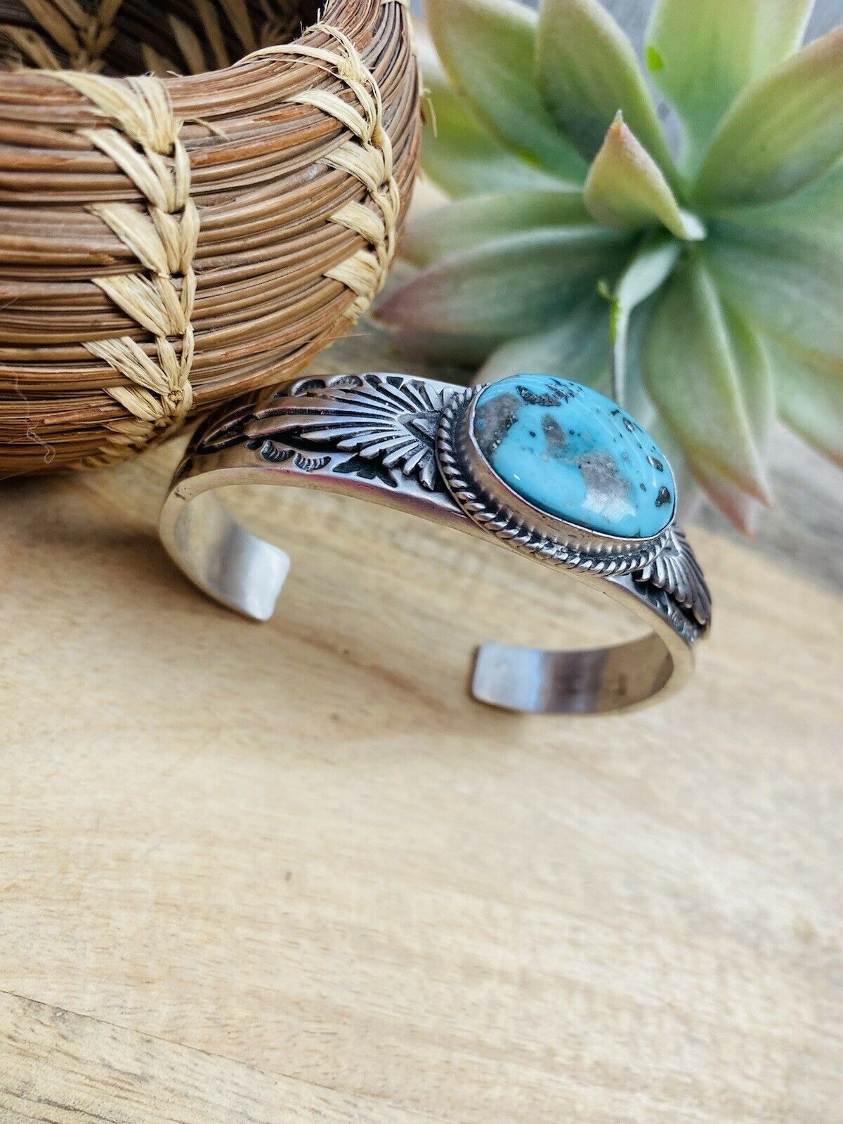 Navajo Sterling Silver & Royston Turquoise Cuff Bracelet Signed