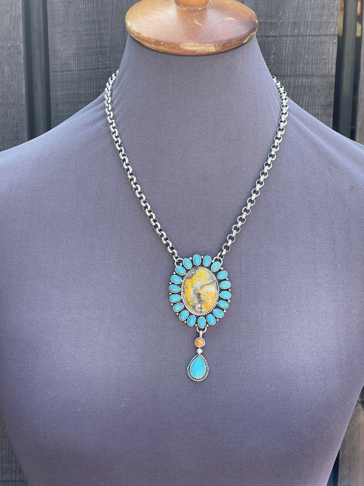 Navajo Bumblebee , Spiny & Turquoise Sterling Drop Cluster Necklace Signed