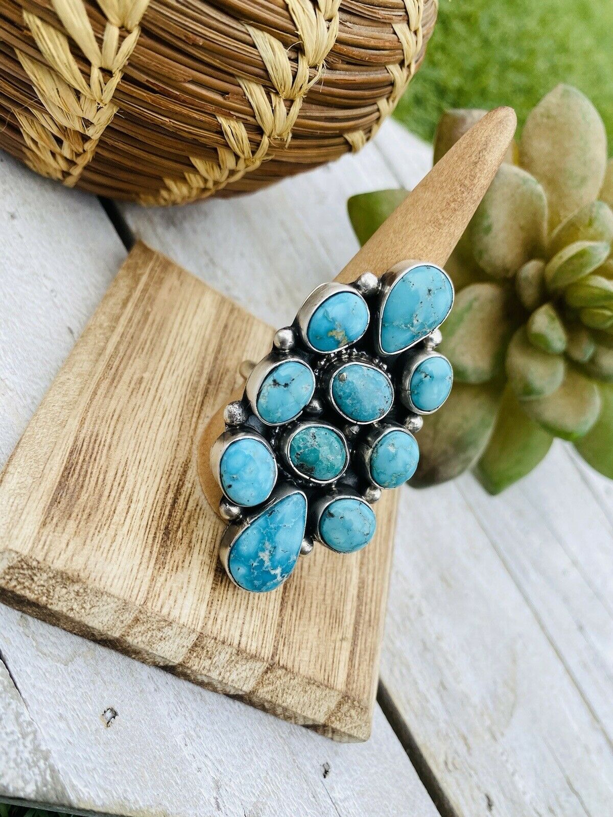 Navajo Turquoise & Sterling Silver Cluster Adjustable Ring