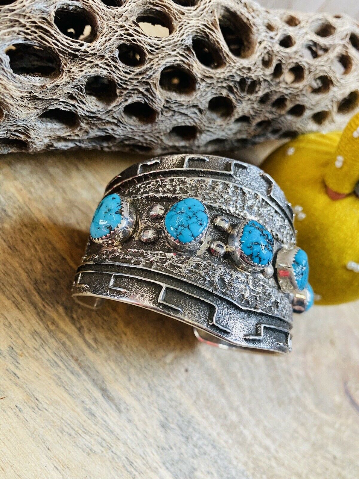 Navajo Kingman Turquoise & Hand Stamped Sterling Silver Cuff Bracelet