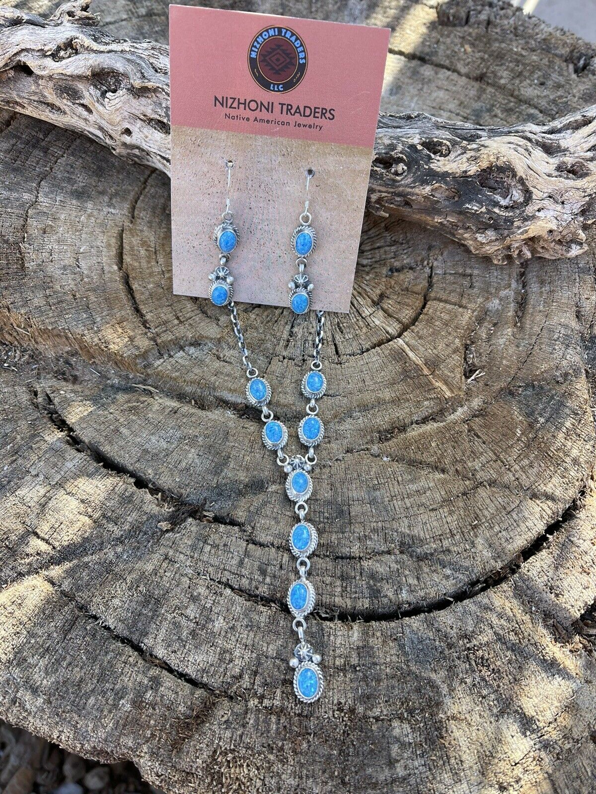 Navajo Sterling Silver &  Blue Iridescent Opal Lariat Necklace & Earring Set