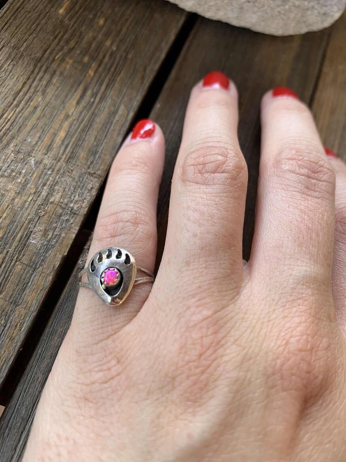 Navajo Sterling Silver Pink Opal Bear Paw Ring