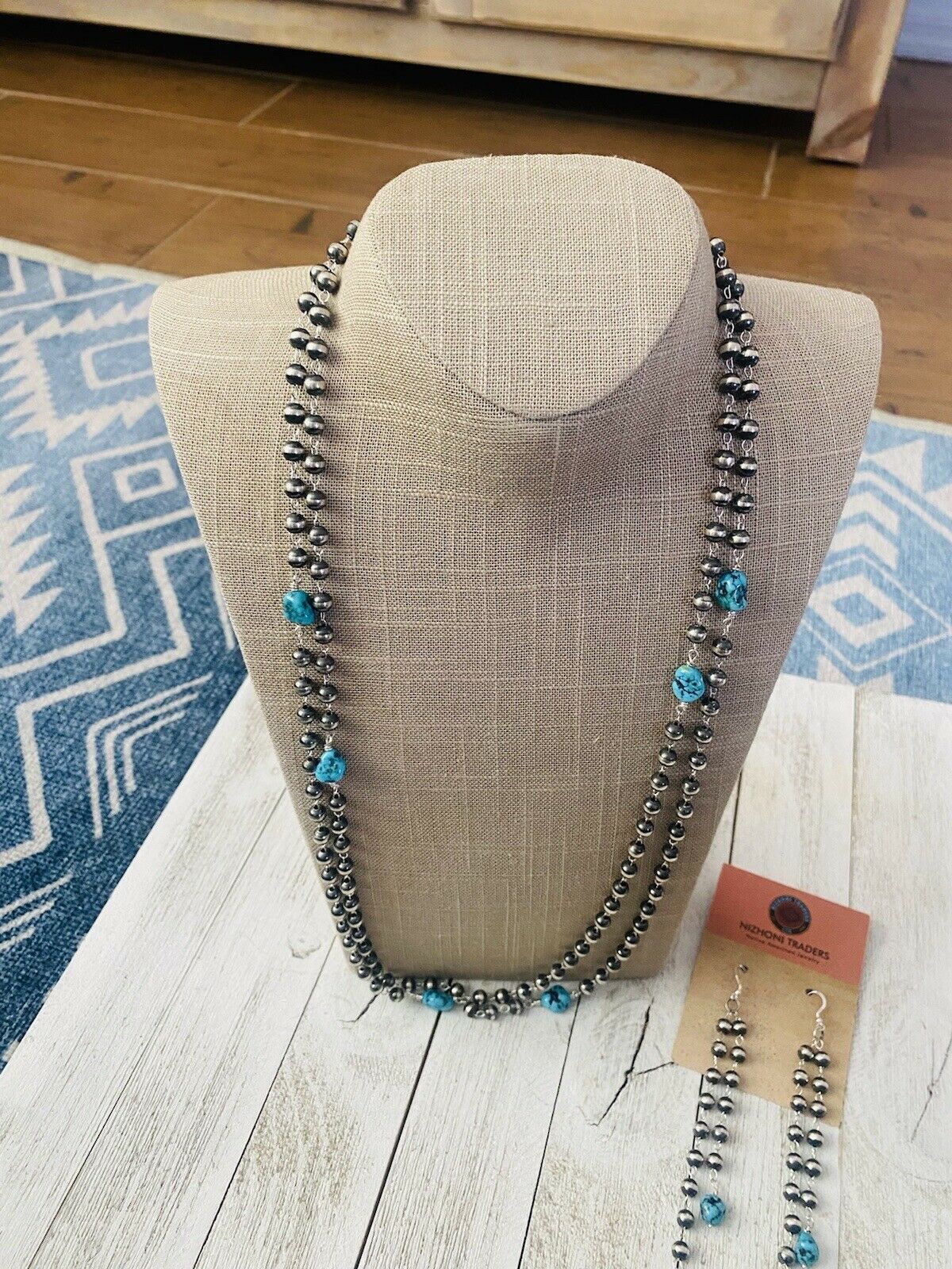 Navajo Kingman Turquoise & Sterling Silver Pearl Beaded Necklace Set