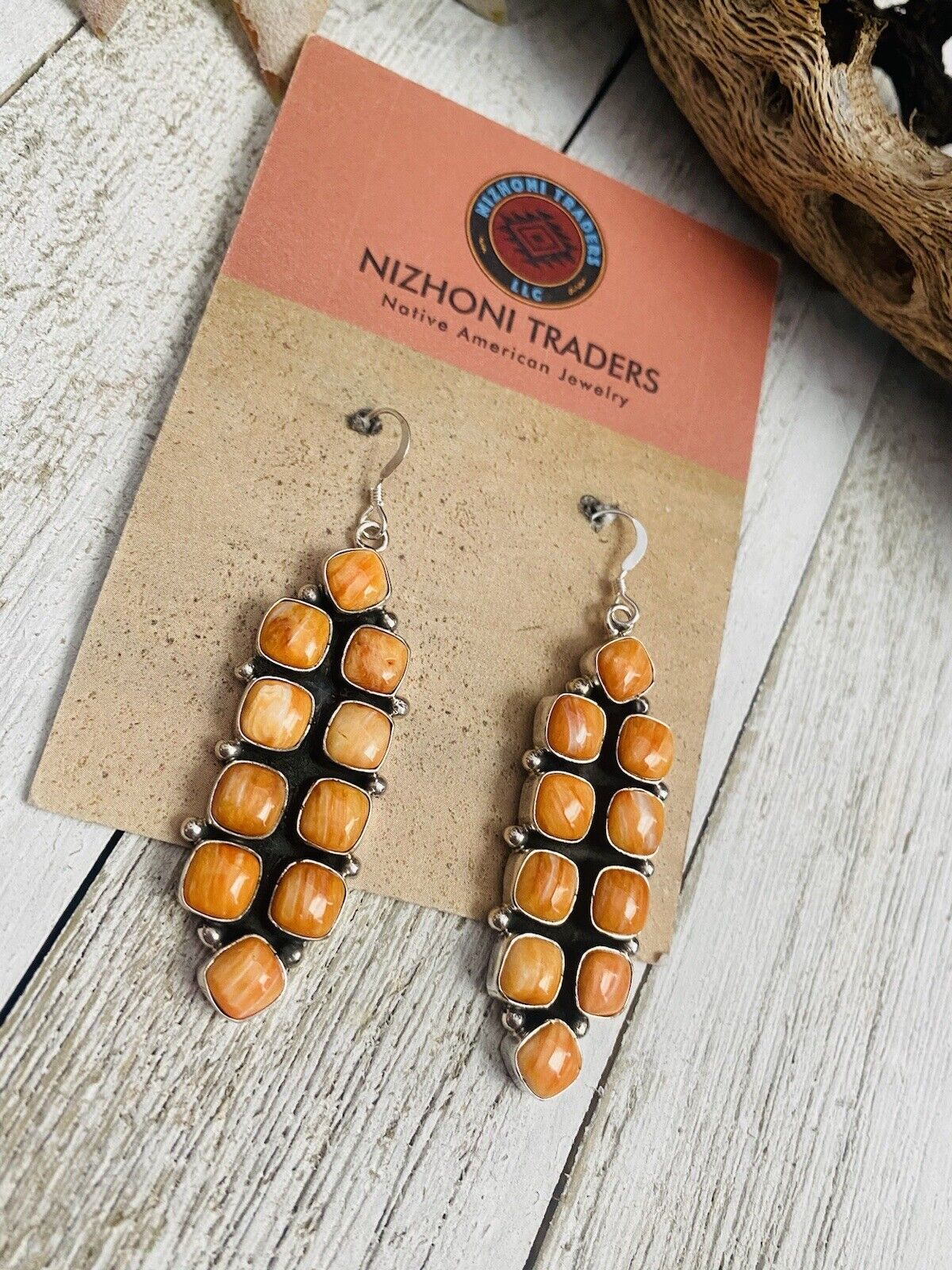 Navajo Sterling Silver & Orange Spiny Oyster Dangle Earrings