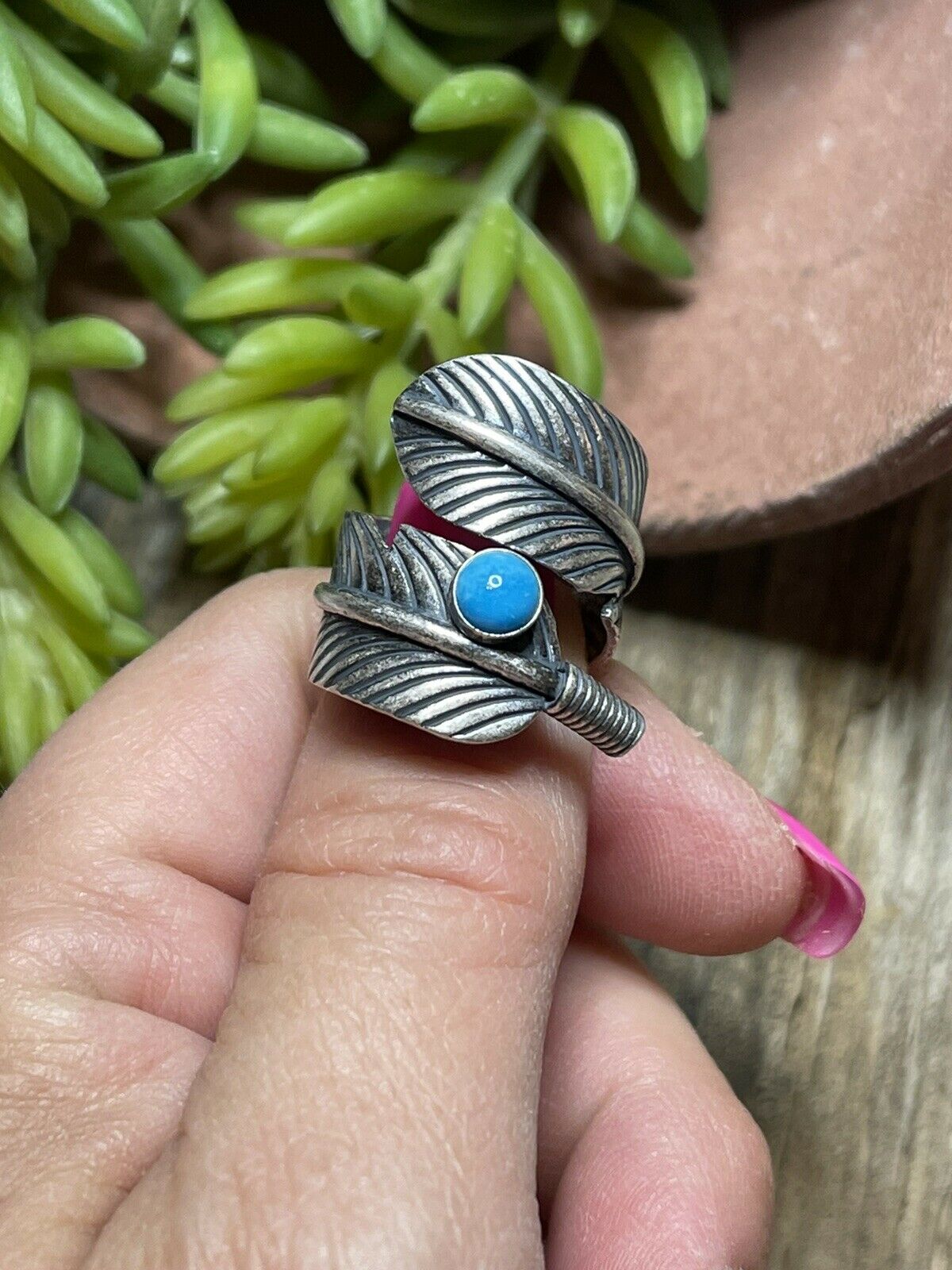 Navajo Sterling Silver & Turquoise Single Feather Adjustable Ring