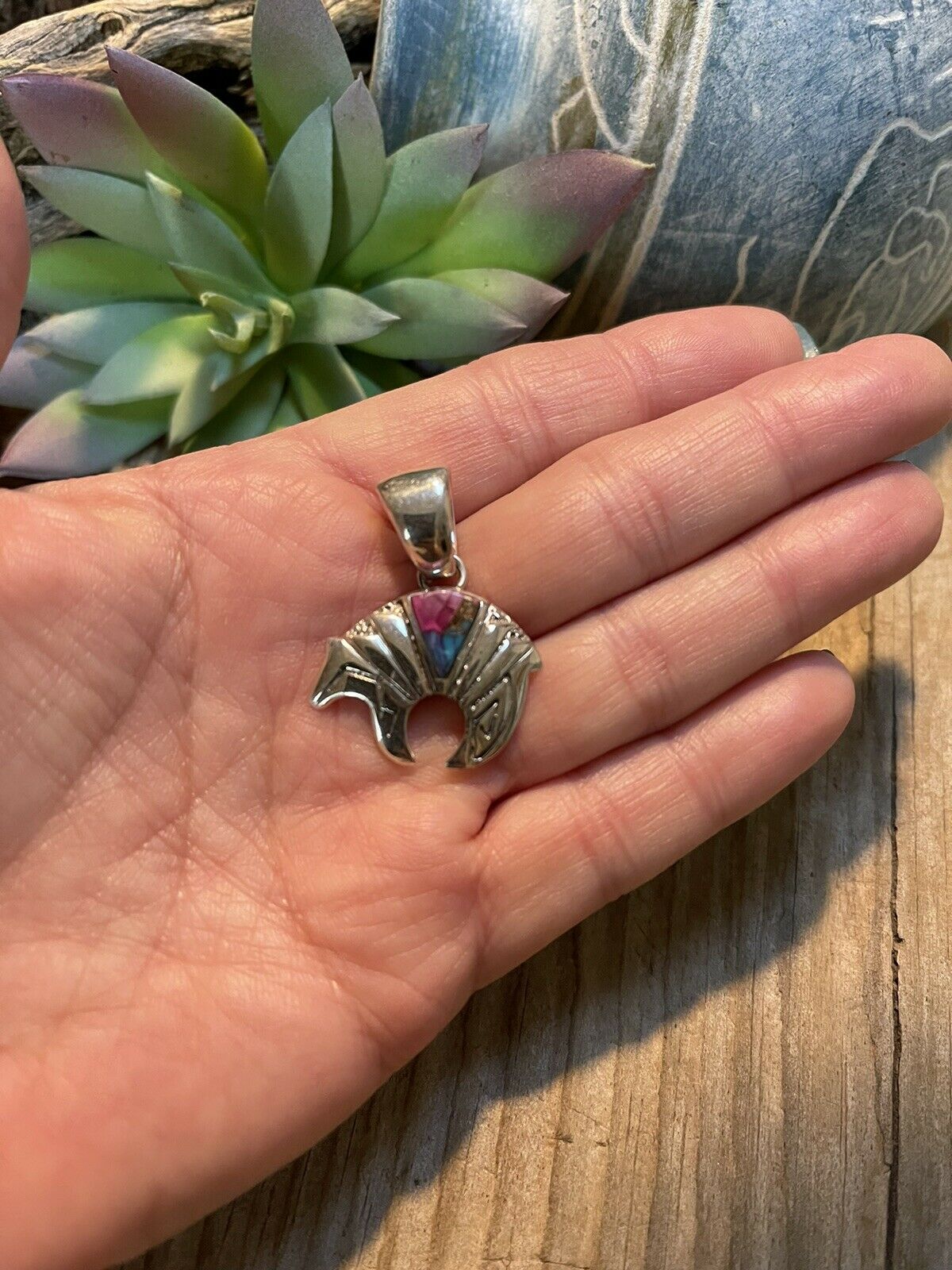 Navajo Pink Dream Mojave & Sterling Silver Bear Pendant