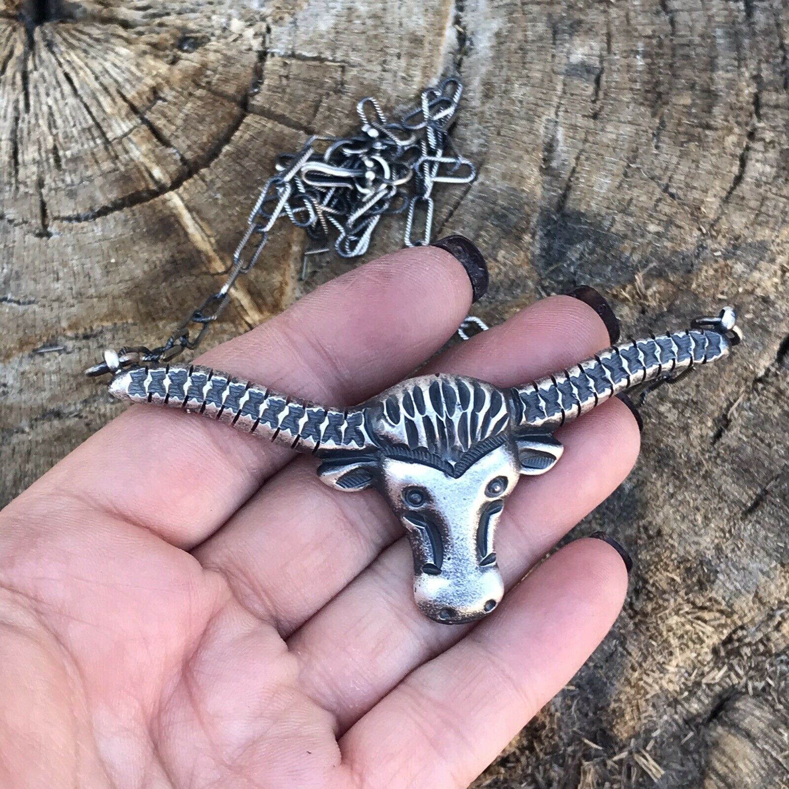 Navajo Sterling Silver Longhorn Statement Necklace By Artist Kevin Billah