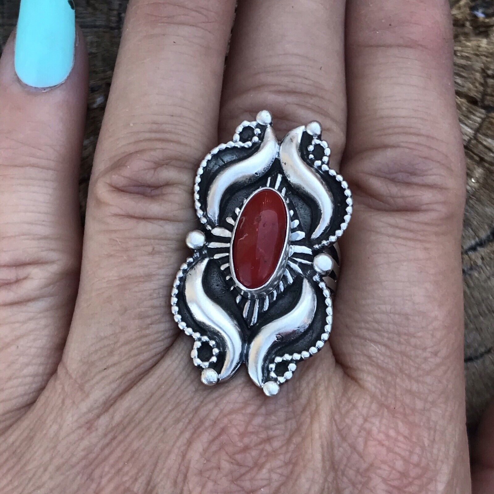 Navajo Sterling Silver Natural Red Coral Ring Artist L. James