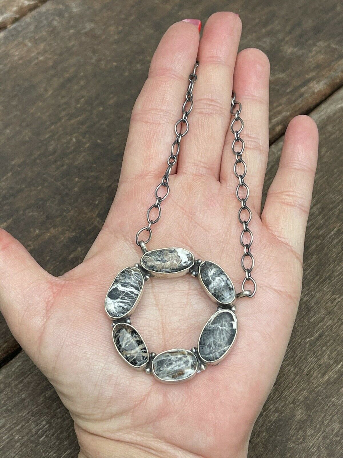 Navajo White Buffalo & Sterling Silver Circle Cluster Necklace Signed