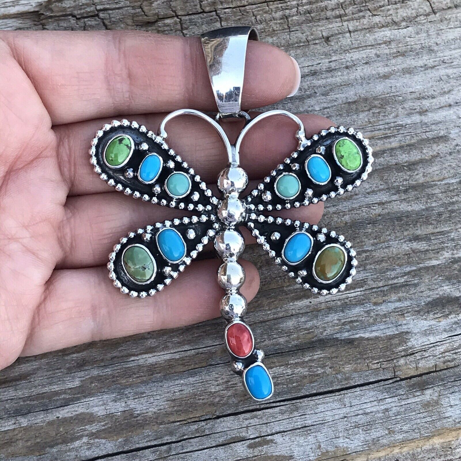 Beautiful Navajo Sterling Silver Multi Stone Dragonfly Pendant Paul Livingston