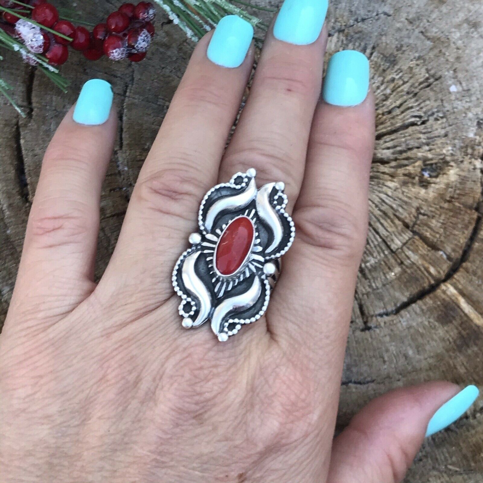 Navajo Sterling Silver Natural Red Coral Ring Artist L. James