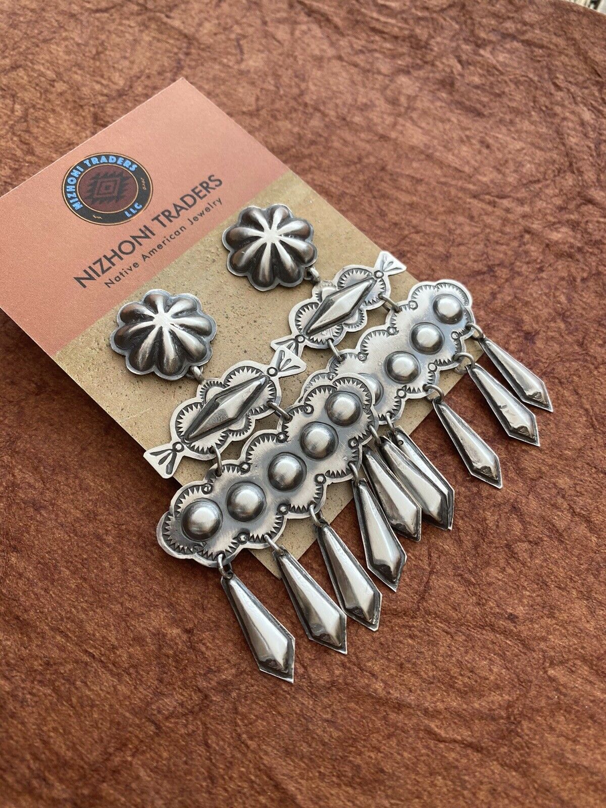 Beautiful Navajo Sterling Silver Concho Dangle Earrings