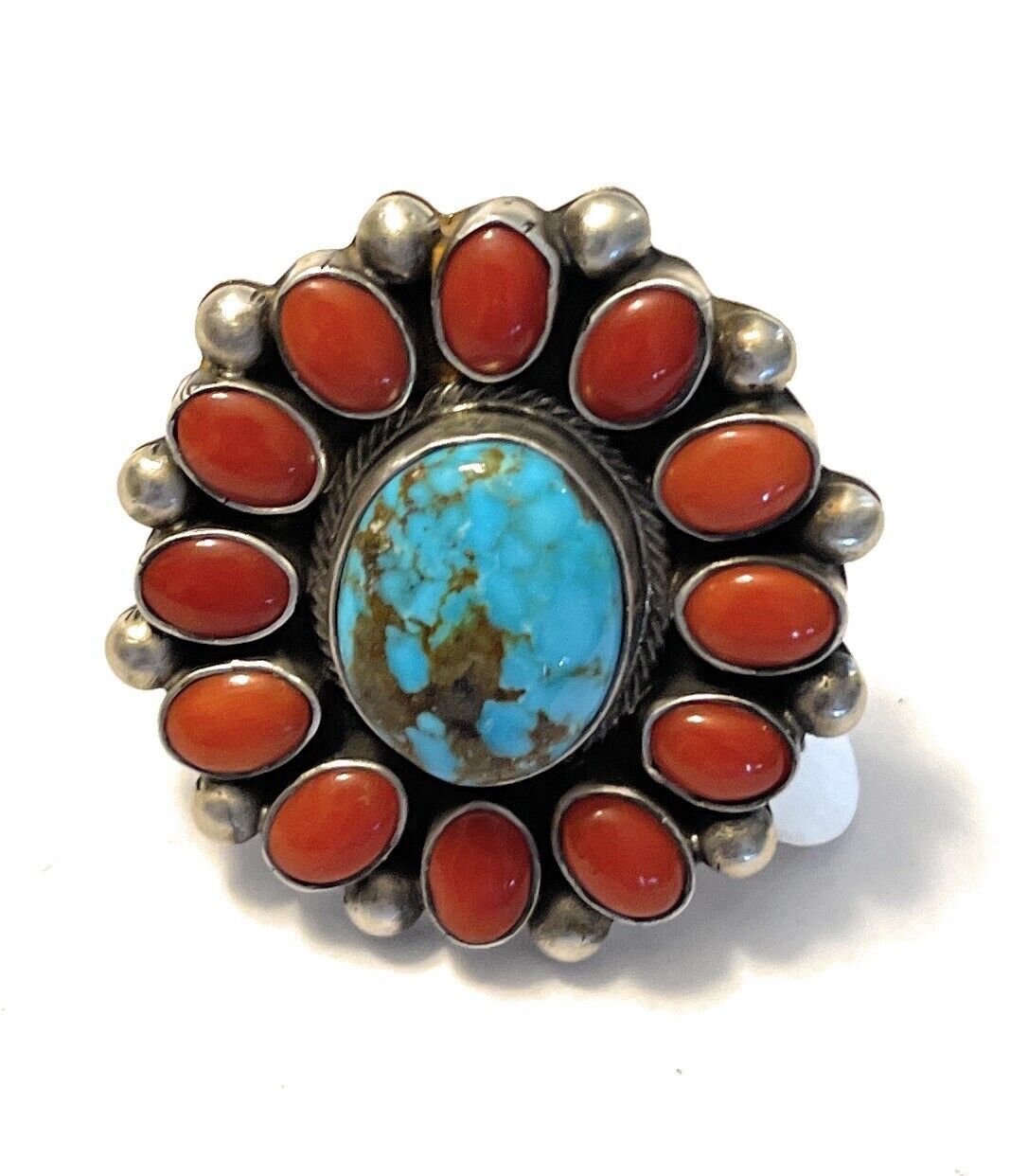 Navajo Sterling Silver Kingman Web Turquoise & Red Coral Taos Ring Sz 7.5