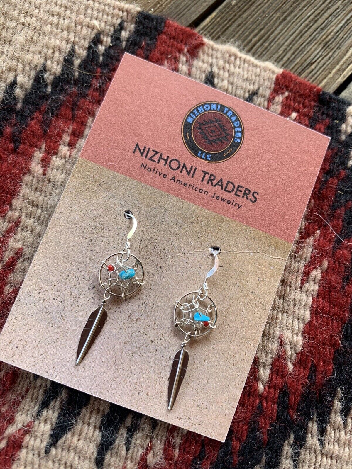 Navajo Sterling Silver Turquoise  Coral Dream Catcher, Feather Dangle Earrings.