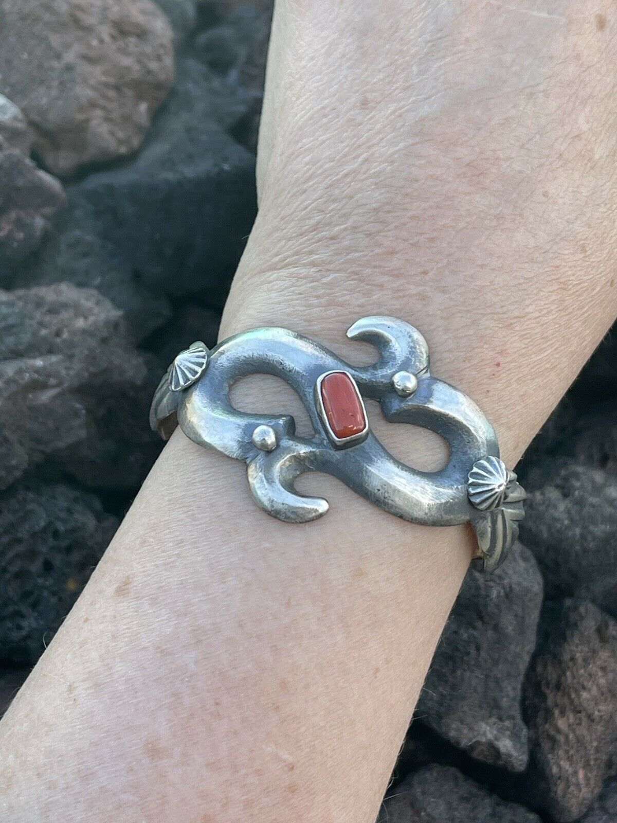 Navajo Natural Red Coral Sterling Silver Cuff By Artist Chimney Butte