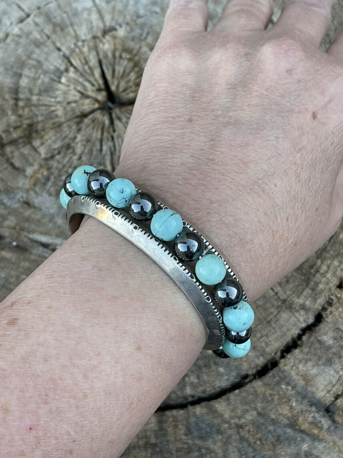 Vintage Navajo Fox Turquoise & Marcasite Bead Bracelet Cuff