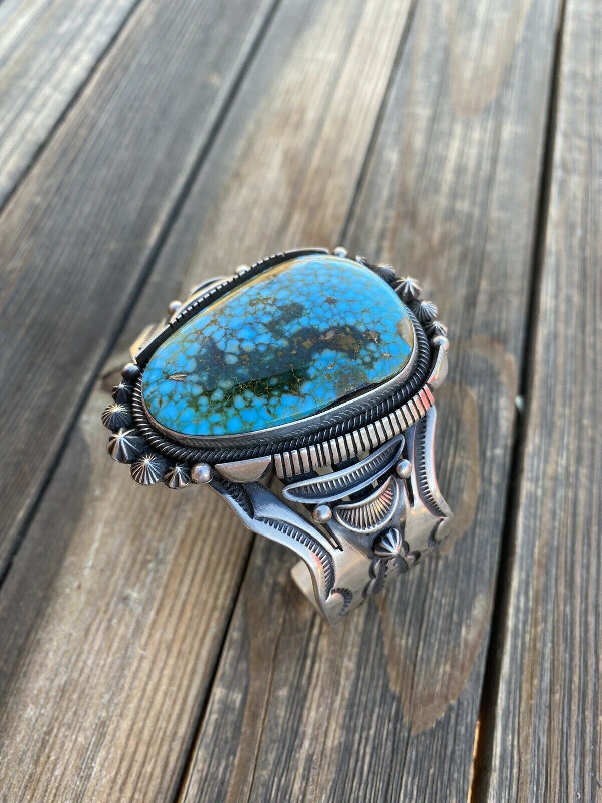 Aaron Toadlena Kingman Web Turquoise Handmade Sterling Cuff Signed