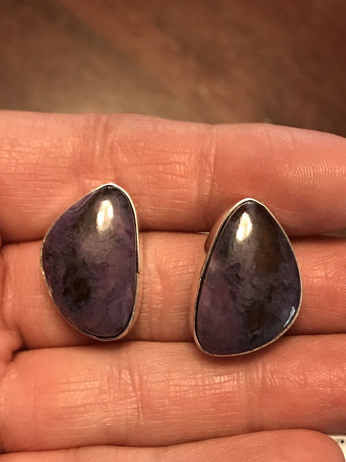 Navajo Charoite And Sterling Silver Post Earrings Stamped Sterling