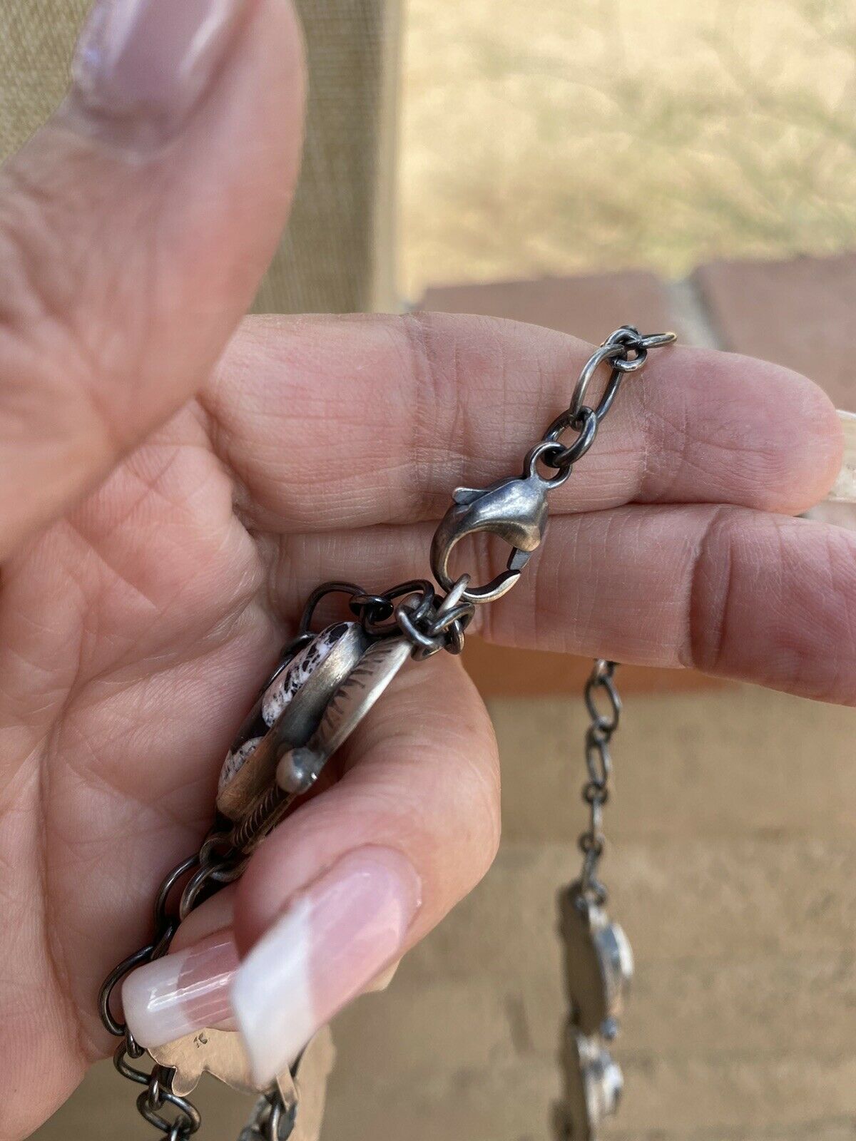 Navajo White Buffalo & Sterling Lariat Necklace Set Signed