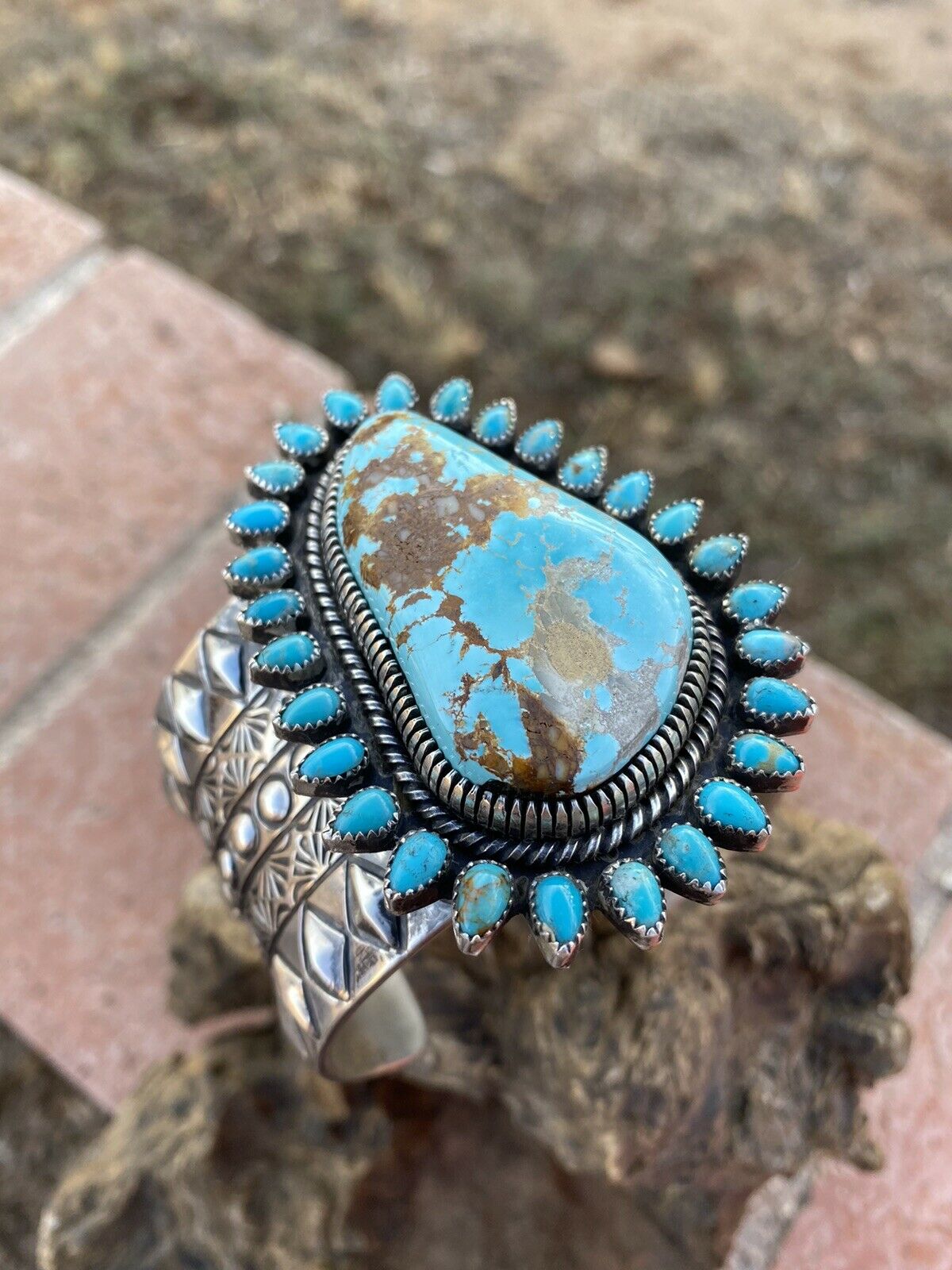 Navajo Sterling Silver & Royston Turquoise Cuff Bracelet Signed