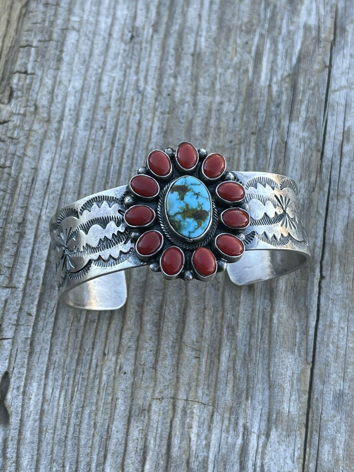 Navajo Sterling Kingman Web Turquoise & Red Coral Taos Bracelet Cuff