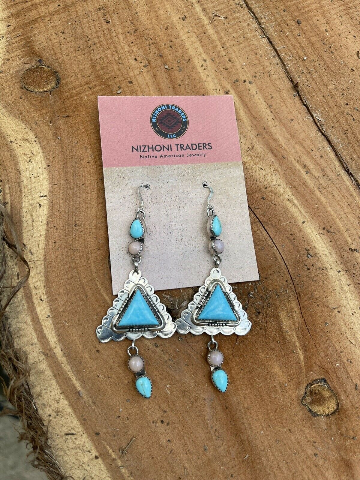 Navajo Sterling Southwest Triangle Pink Jasper Turquoise  Hook Dangle Earrings