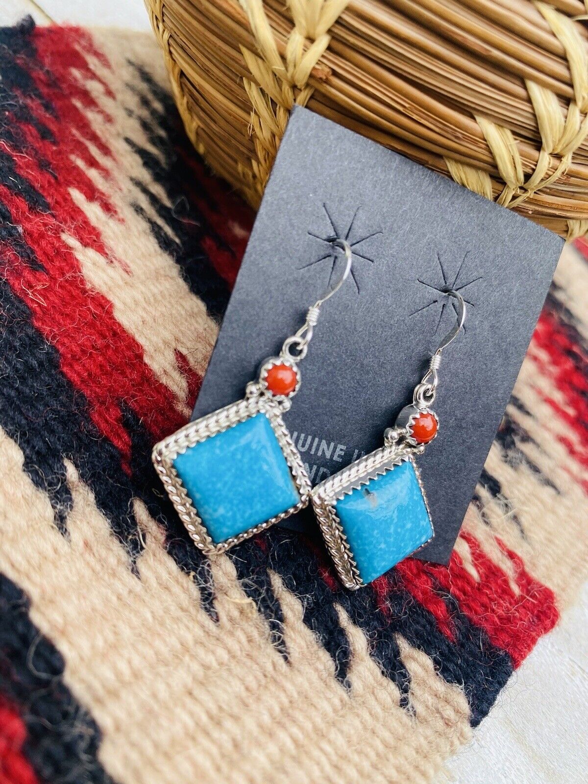 Navajo Turquoise, Coral & Sterling Silver Dangle Earrings