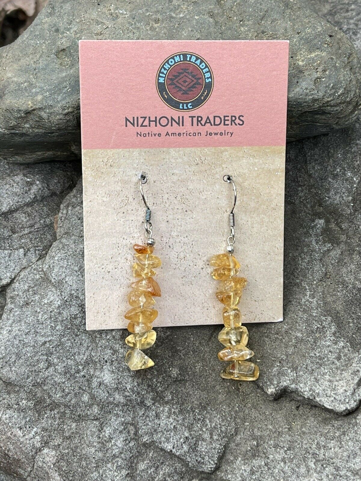 Navajo Sterling Silver Golden Quartz Chip Dangle Earrings