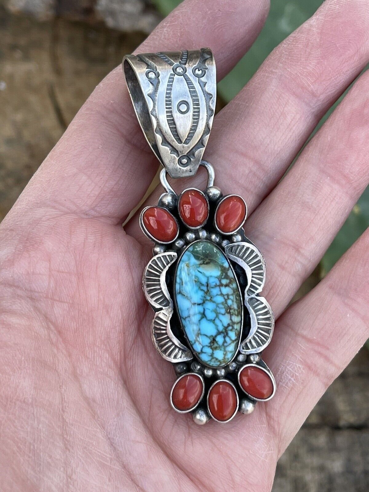 Navajo Sterling Kingman Web Turquoise & Red Coral Pendant Taos Collection