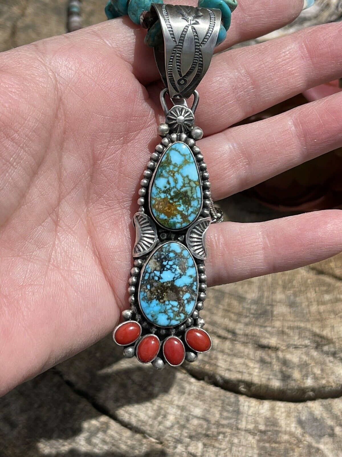 Navajo Sterling Kingman Web Turquoise & Red Coral Taos Pendant Danny Clark