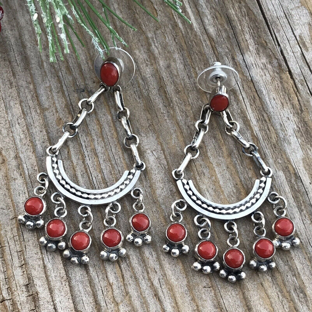 Handcrafted Natural Red Coral Sterling Silver Chandelier Style Dangle Earrings