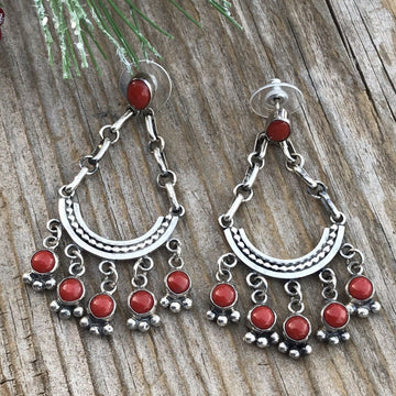 Handcrafted Natural Red Coral Sterling Silver Chandelier Style Dangle Earrings