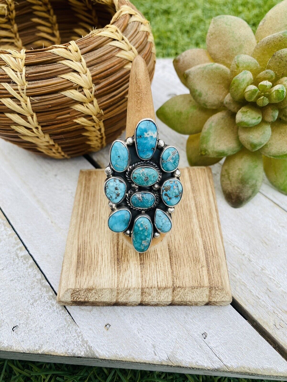 Navajo Turquoise & Sterling Silver Cluster Adjustable Ring