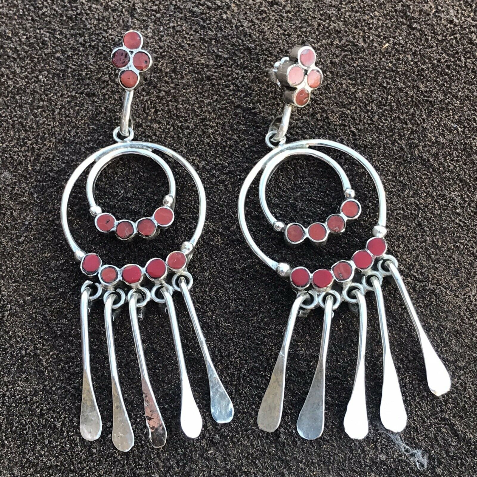 Vintage Navajo Sterling Silver Natural Red Coral Dangle Earrings