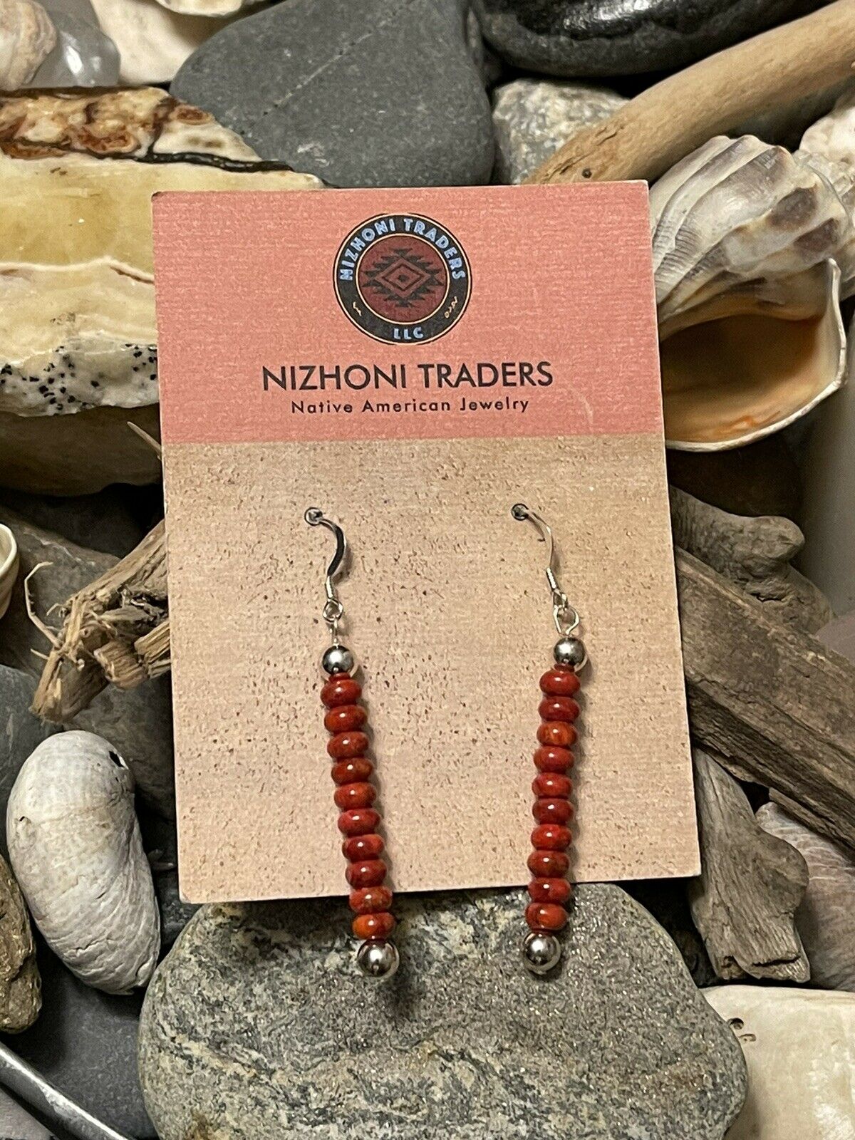 Navajo Sterling Silver Apple Coral Beaded Dangle Earrings