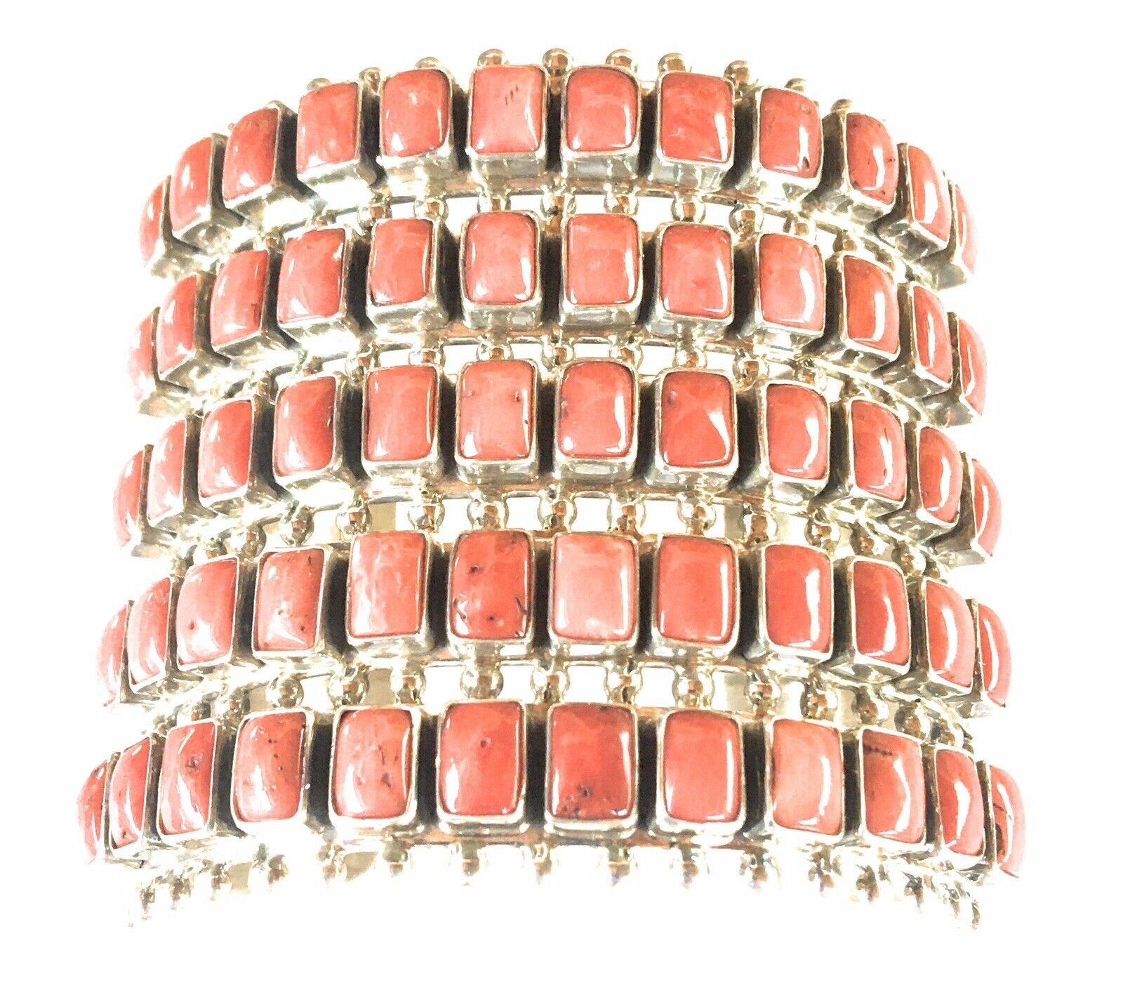 Navajo Natural Coral & Sterling Silver Cuff Bracelet By Paul Livingston