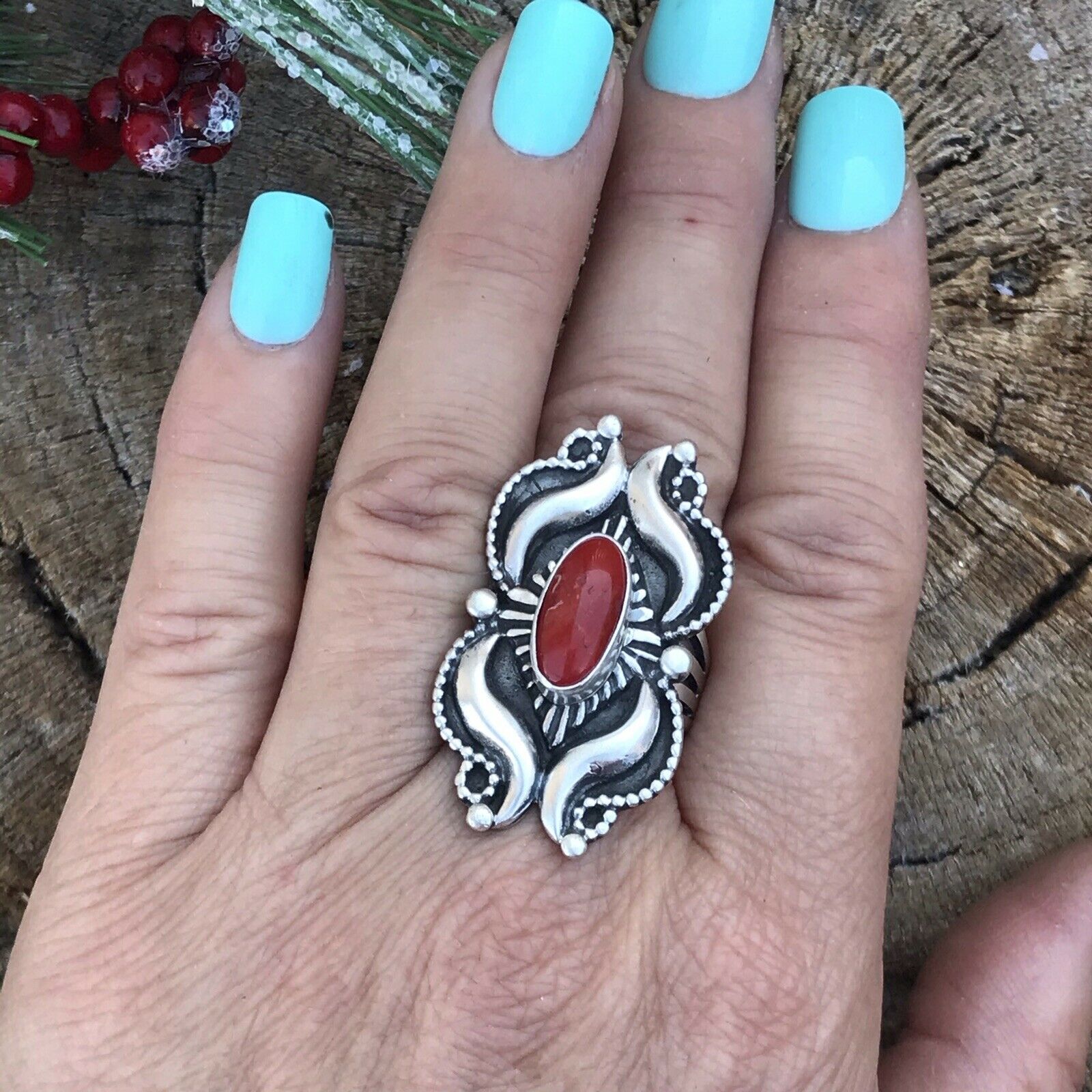 Navajo Sterling Silver Natural Red Coral Ring Artist L. James