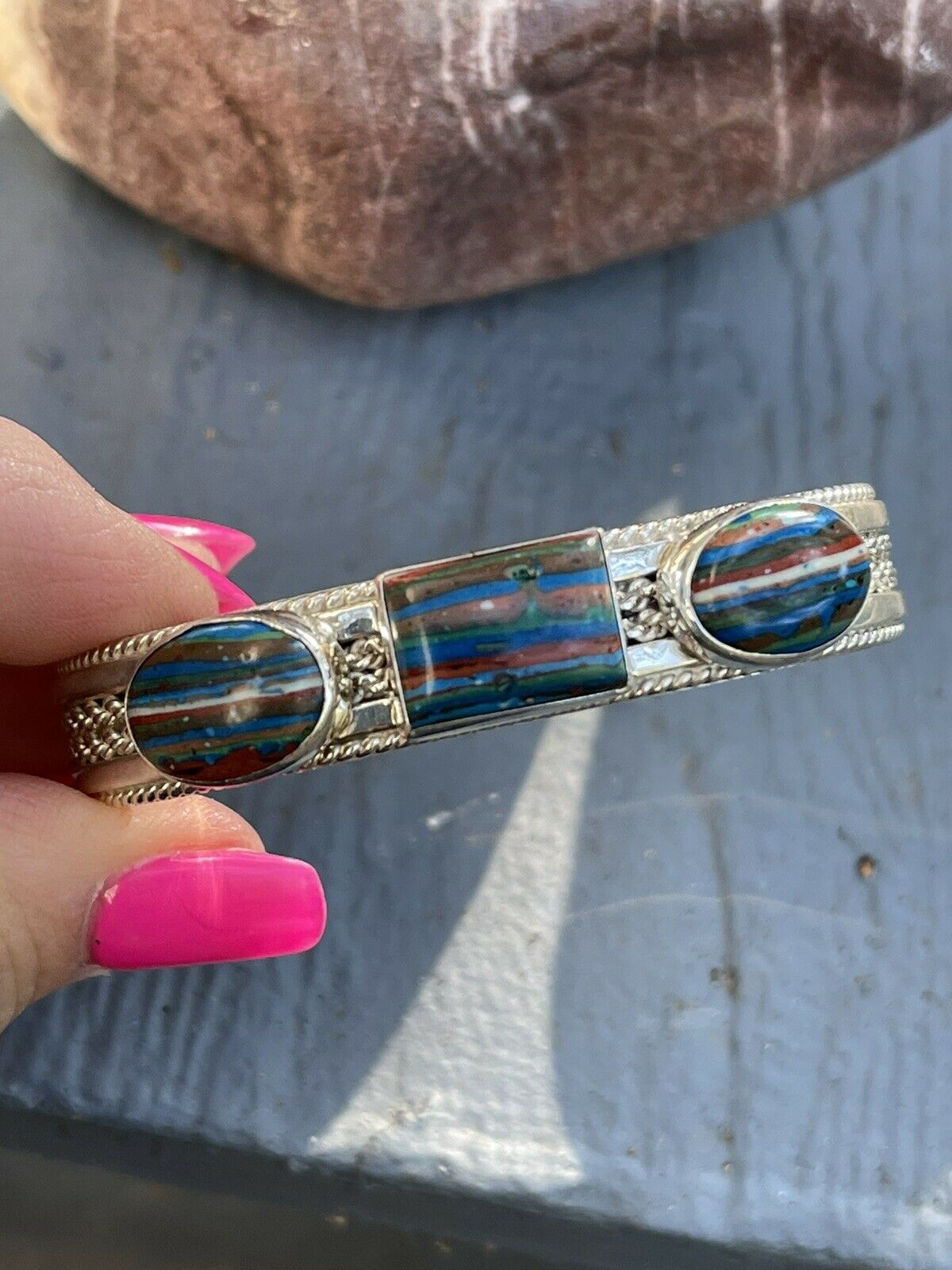 Unique Navajo Sterling Silver & Rainbow Stone Elegant Cuff Bracelet