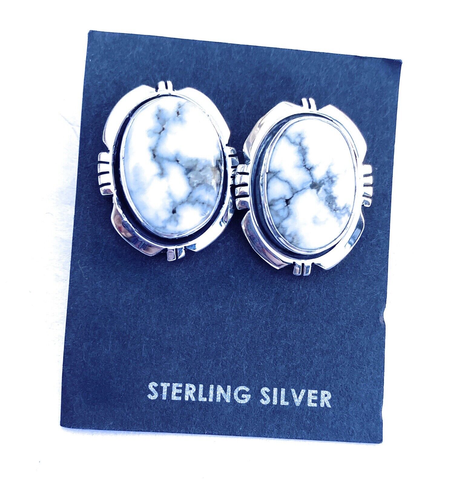 Navajo White Buffalo And Sterling Silver Post Earrings Signed